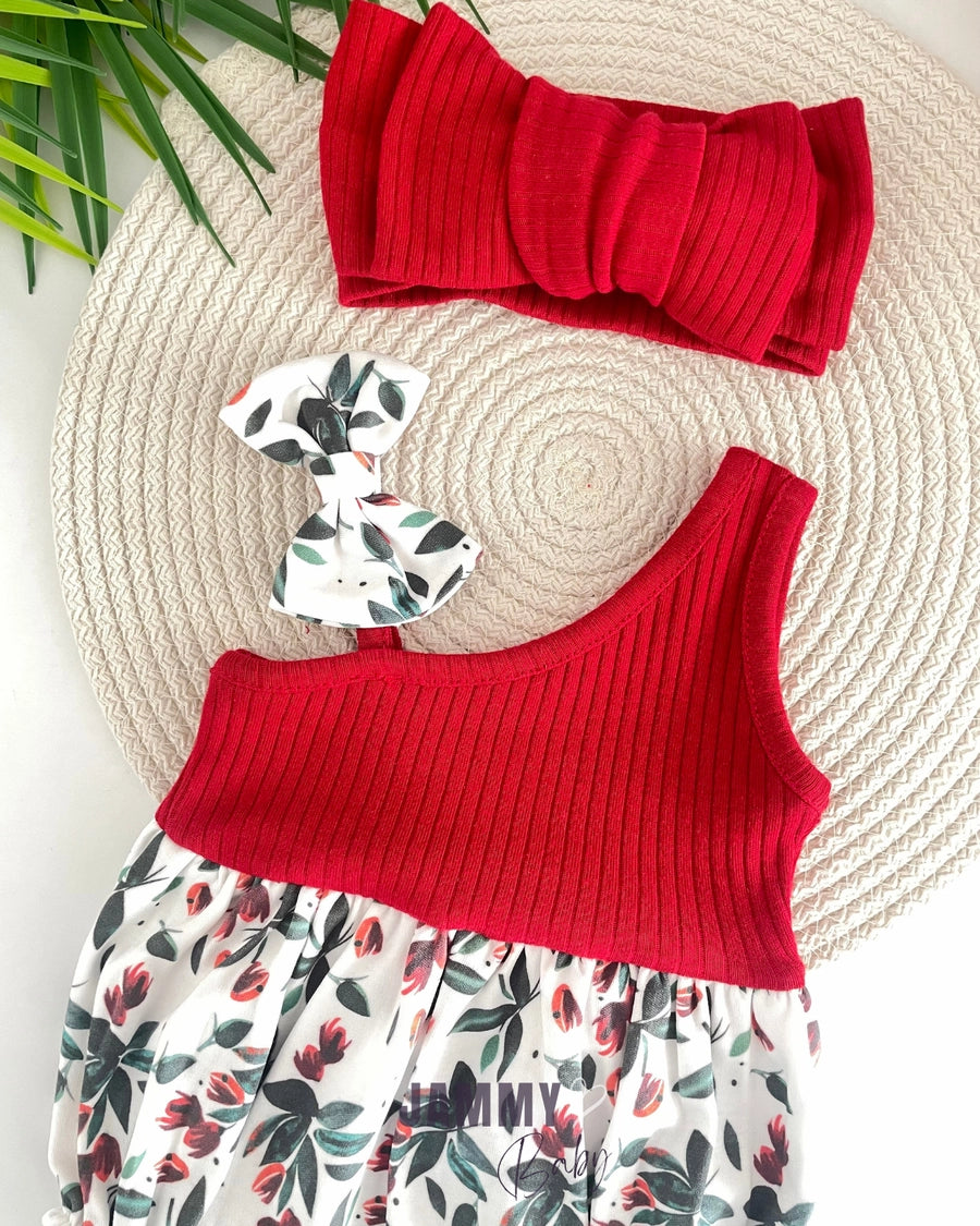 Kokina Flower One-Shoulder Romper – RED
