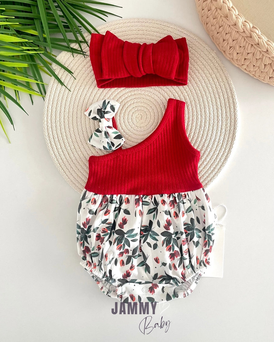 Kokina Flower One-Shoulder Romper – RED