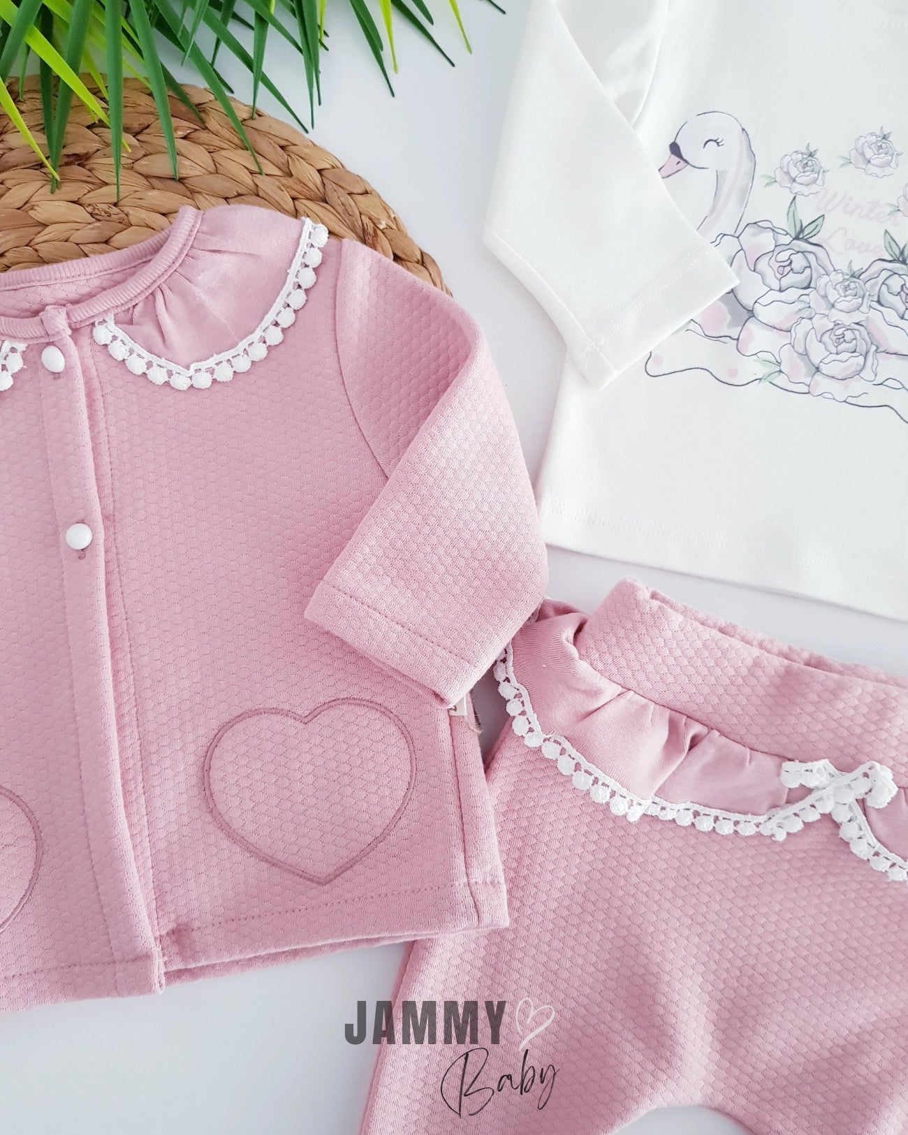 Heart Swan Quilted 3-Piece Set - Rose