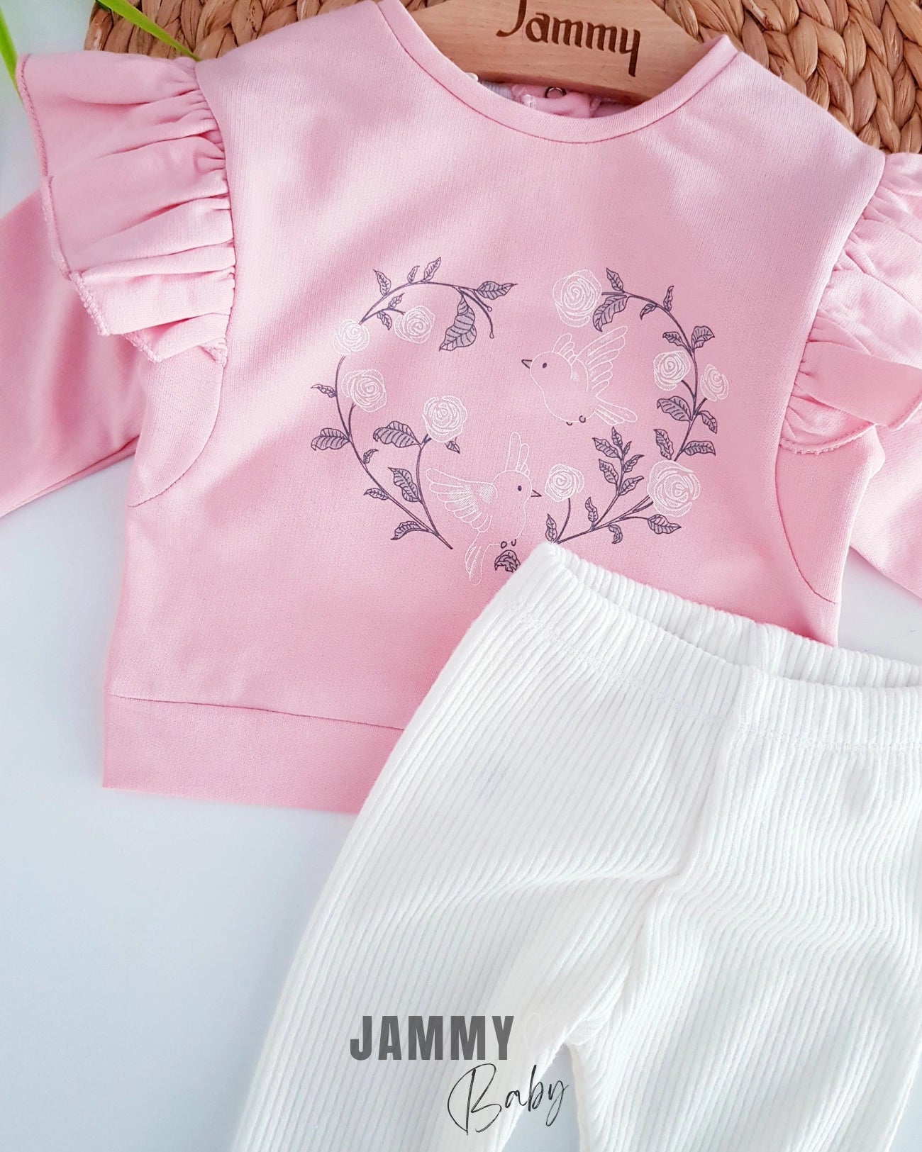 Bird-Themed Ribbed Leggings Set - Pink