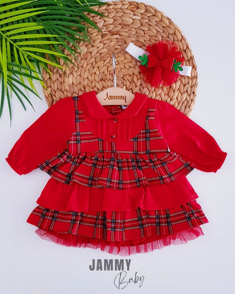 New Christmas Plaid Patterned Bandana Dress Set - Red