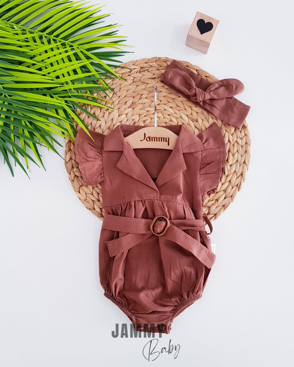 Olivia Belt Detailed Linen Romper - Bitter Brown