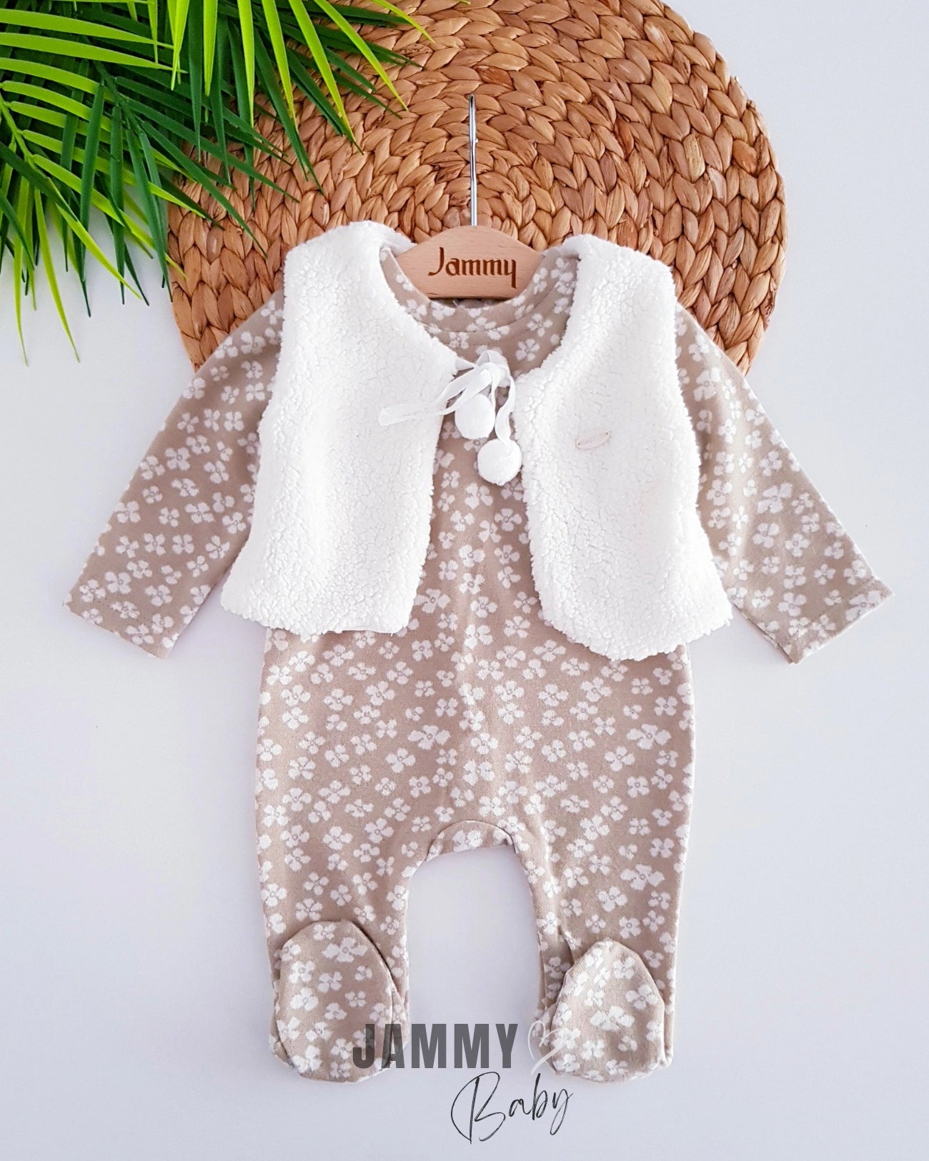 Plush Vest and Daisy Jumpsuit - Beige