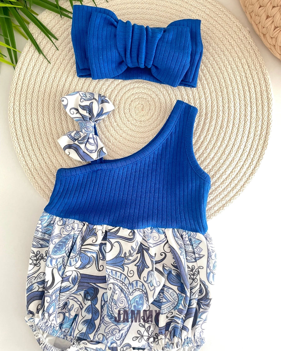 Paisley Pattern One-Shoulder Romper – Saxe Blue