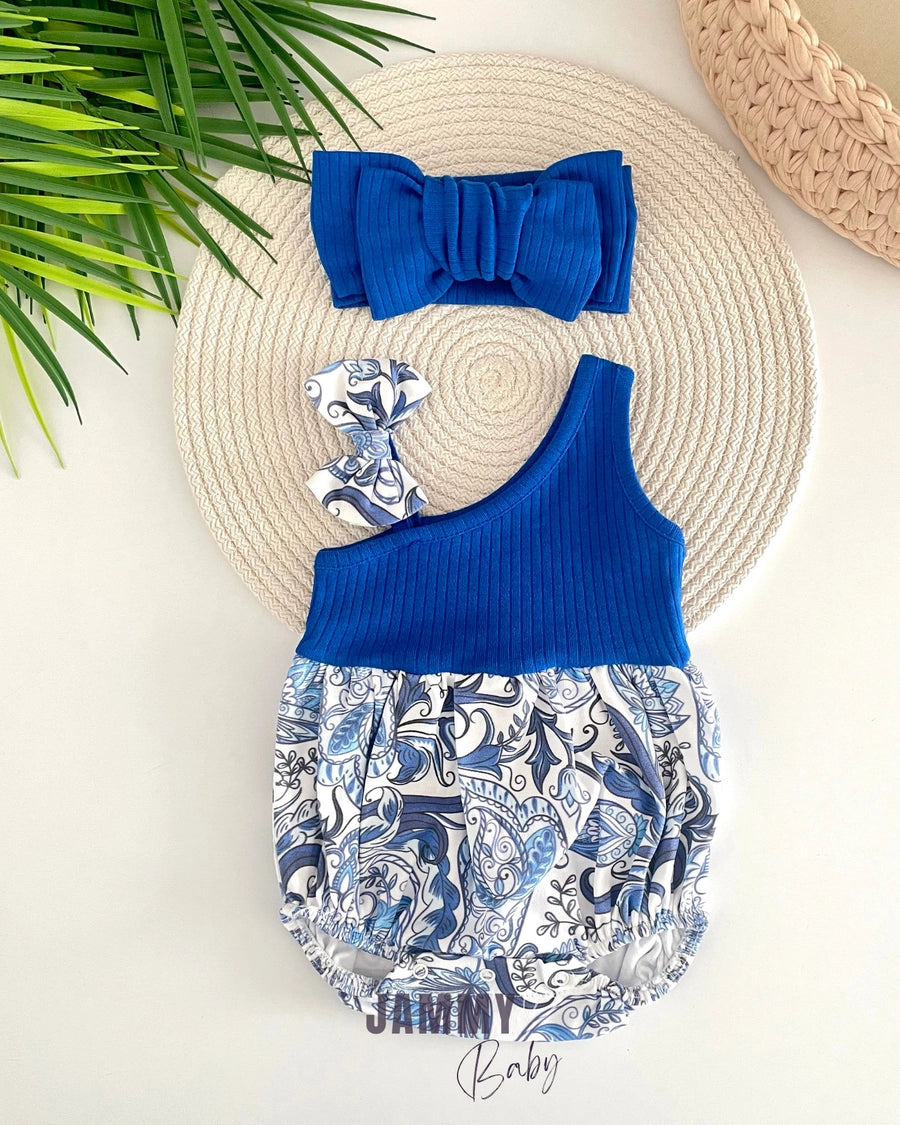 Paisley Pattern One-Shoulder Romper – Saxe Blue