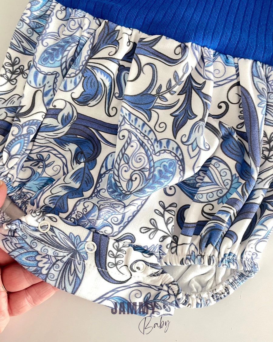 Paisley Pattern One-Shoulder Romper – Saxe Blue