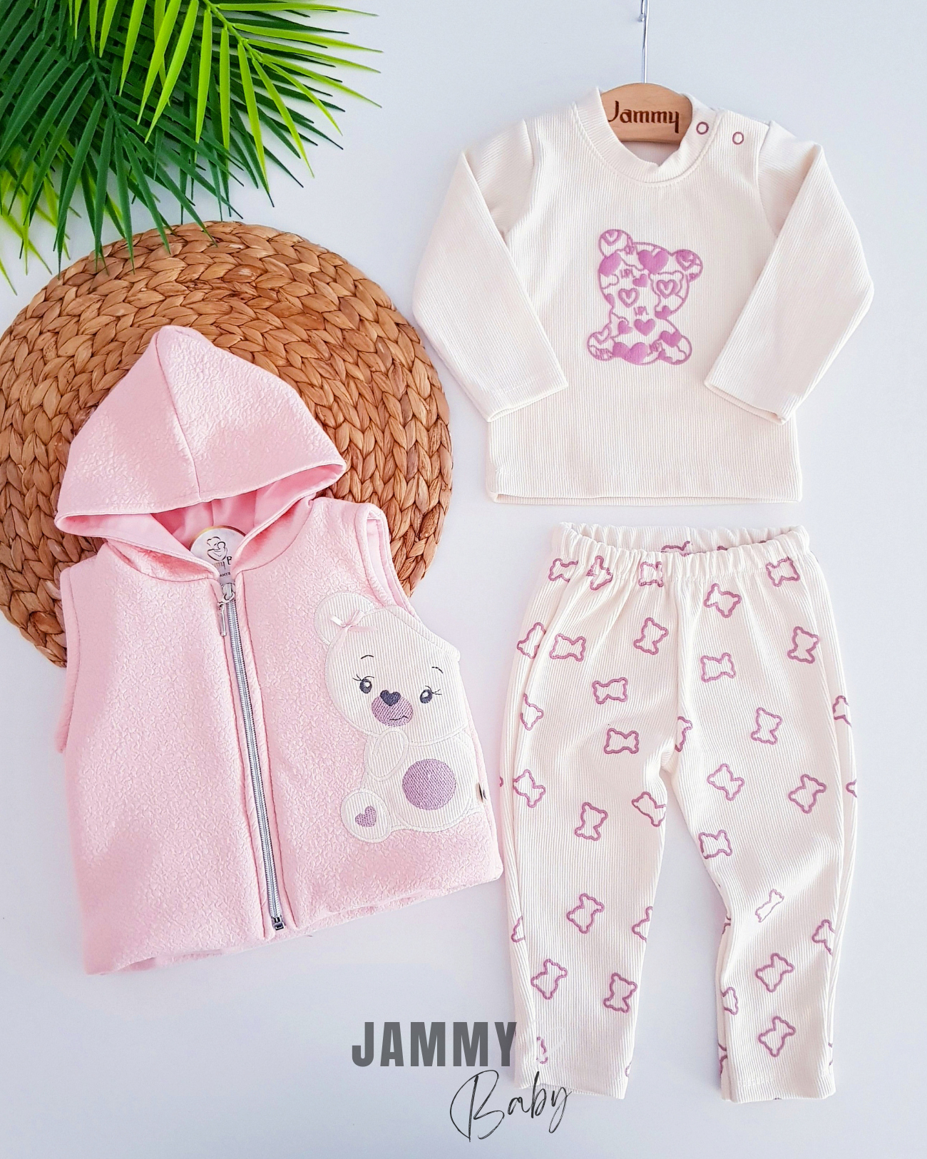 Shy Teddy Bear Puffer Vest Set - Pink