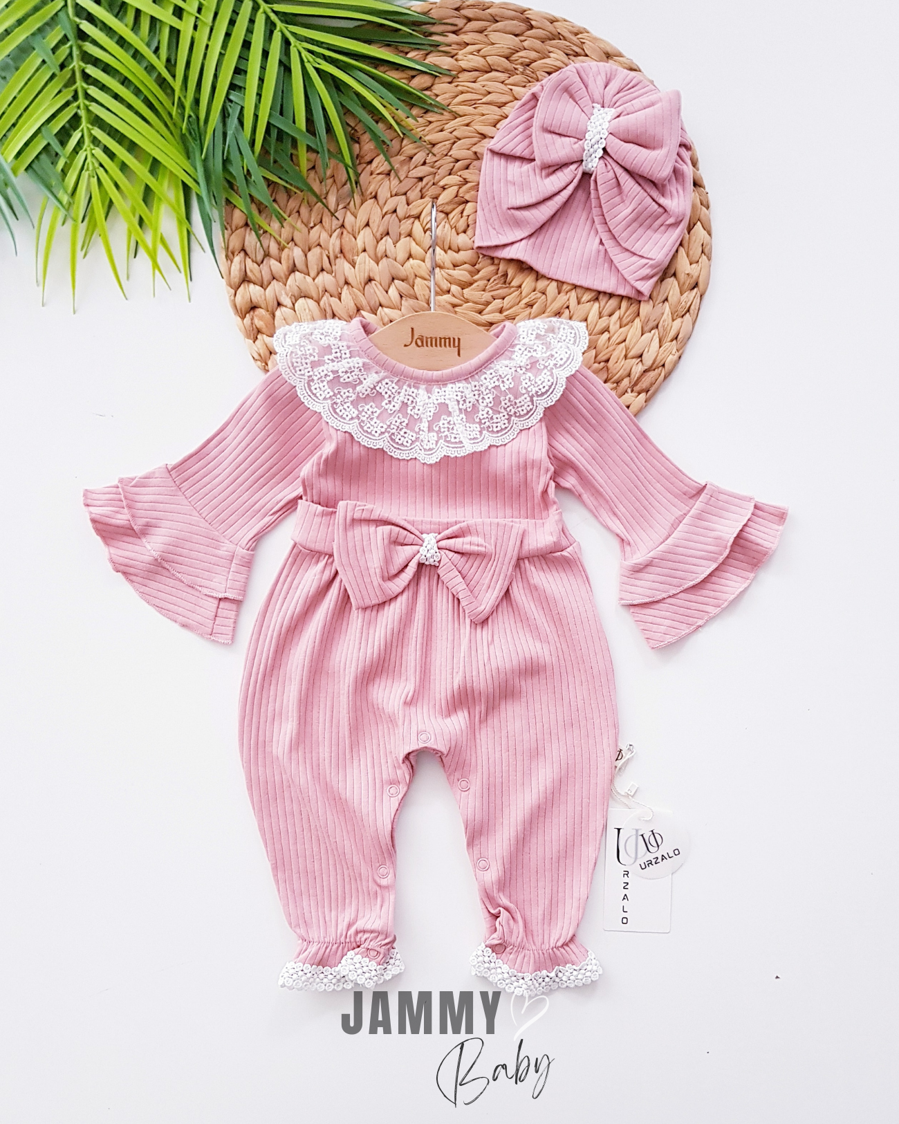 Violetta Lace & Bow Detailed Jumpsuit and Bonnet Hat - DRIED ROSE